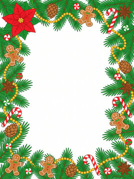 Christmas frame with pine branches, poinsettia, Christmas tree decor and Christmas sweets