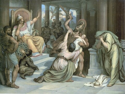 Scene from the biblical story, Solomon's verdict, famous biblical story in 1 Kings 3, in which King Solomon recognizes the true mother of a child through his divine wisdom by ordering to divide it, whereupon the real mother would rather renounce the child than kill it, authentic reproduction of a school mural, historical, around 1900