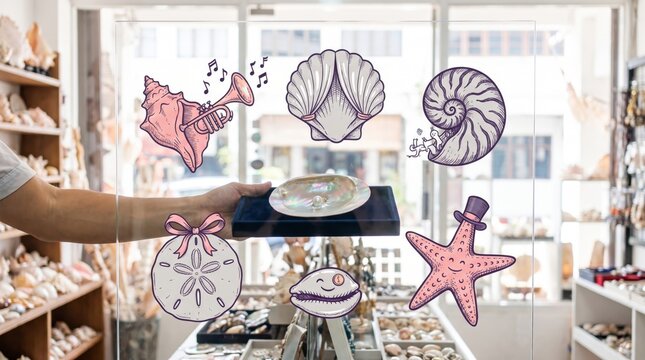 Hand presenting an iridescent pearl oyster shell on a velvet tray behind a glass board in a shell boutique with Lunar New Year illustrations of a musical conch, clam, and starfish