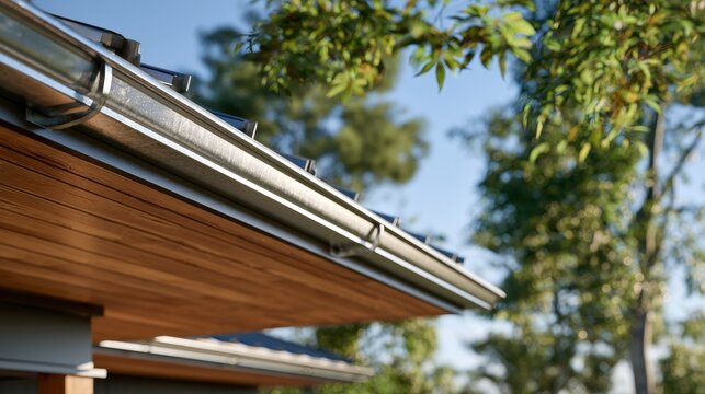Metal rain gutter installed on the edge of a modern house roof surrounded by trees under a clear blue sky during daytime in a residential neighborhood