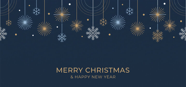 Merry Christmas and Happy New Year background, greeting card, poster, holiday cover. Design template with border made of beautiful snowflakes in modern flat line art style. Xmas decoration. Vector