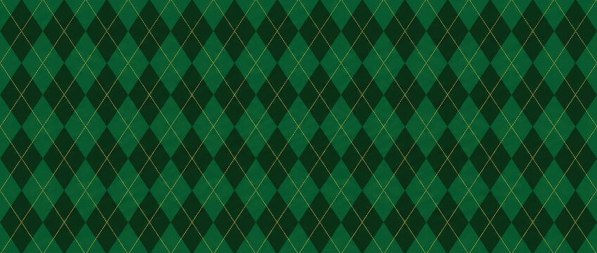 Argyle vector pattern. Dark green with thin slim golden dotted line. Seamless vivid geometric background for fabric, textile, men clothing, wrapping paper. Backdrop Little Gentleman party invite card