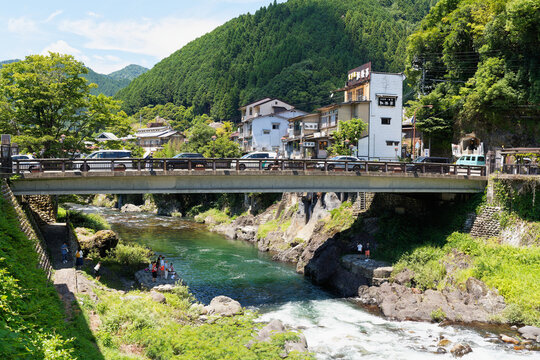 River and road bridge beside a town in forested mountains