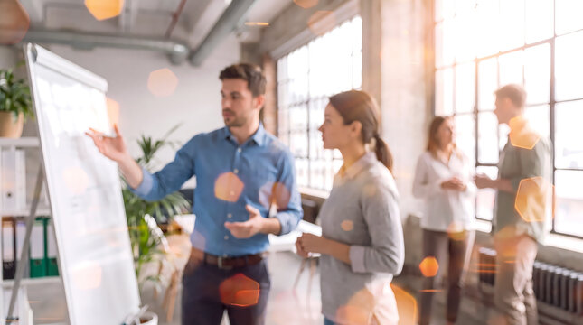 Defocused collaboration workshop in a sunlit industrial loft office with colleagues silhouettes discussing next to a whiteboard