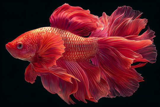 Seize the dynamic moment of a red Siamese fighting fish against a black backdrop