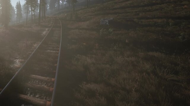 Railway tracks winding through a quiet mountain forest surrounded by tall pine trees under bright daylight