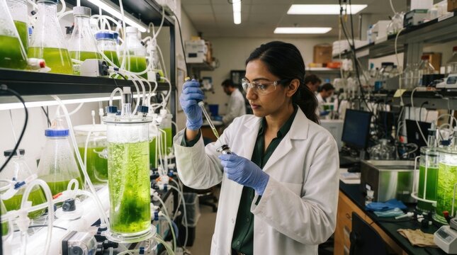 Female Biotechnology Scientist Collecting Green Algae Culture Sample from Laboratory Photobioreactor for Biofuel Research