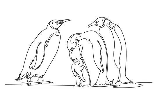 Continuous one line drawing Antarctic penguin family with adult penguins gathered affectionately around a fluffy chick on the ice, tender parenting. Single line draw design vector graphic illustration