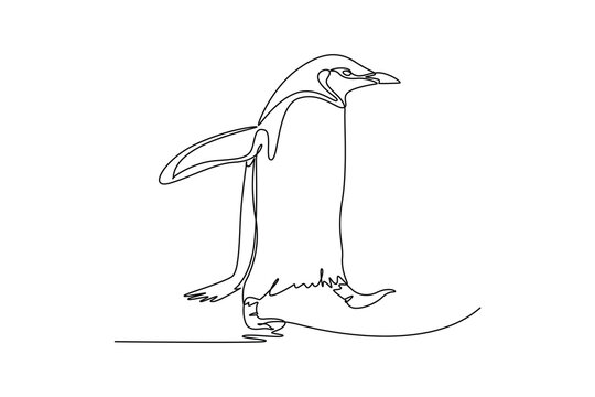 Continuous one line drawing Antarctic penguin waddling across icy terrain with open flippers and alert gaze, sharp beak, distinctive head markings. Single line draw design vector graphic illustration
