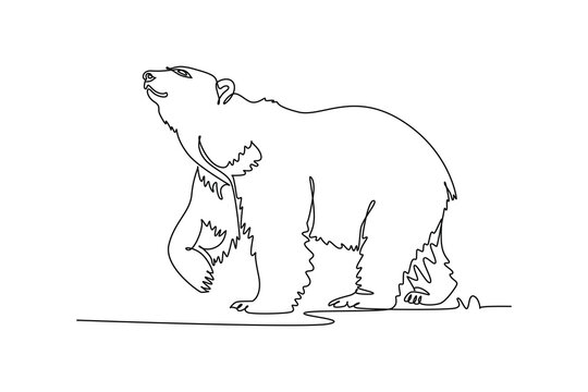 Continuous one line drawing a wild Arctic polar bear walking forward with head raised upward to sniff the breeze, heavy fur coat, and powerful paws. Single line draw design vector graphic illustration