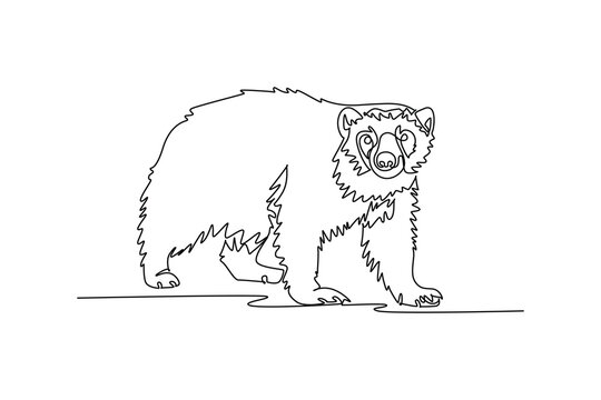 Single one line drawing wild Arctic wolverine prowling forward across tundra ground, thick shaggy coat, broad head, rounded ears, sturdy paws. Continuous line draw design graphic vector illustration