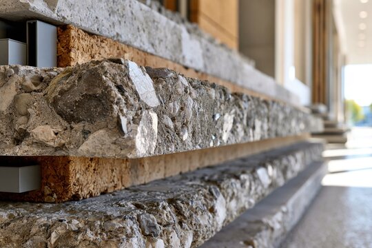 Textured architectural concrete steps with visible aggregate detail and modern design in a sunlit outdoor setting with blurred background elements