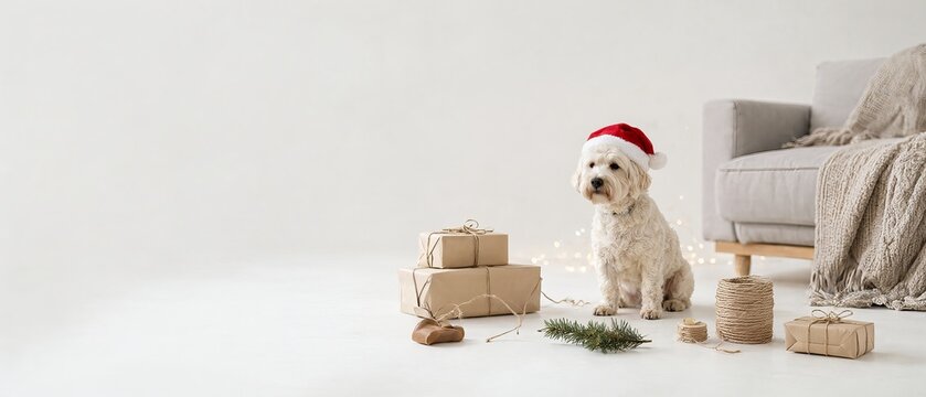 A cute small dog wearing a Christmas Santa hat sitting next to wrapped gifts in a cozy home scene.