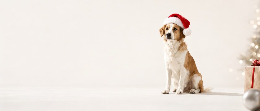 A medium dog wearing a festive Christmas hat sits beside seasonal tree with gifts in light studio
