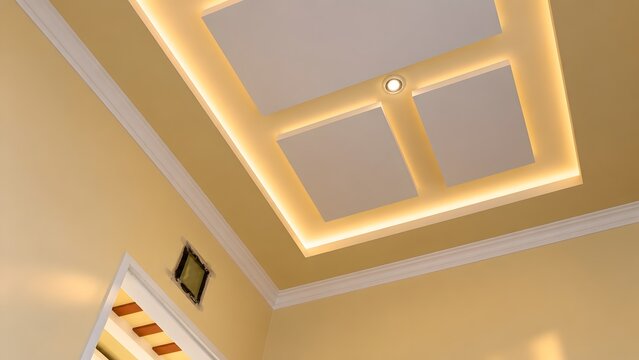 Contemporary drop ceiling design featuring geometric square panels and hidden warm LED strip lighting in a modern home.