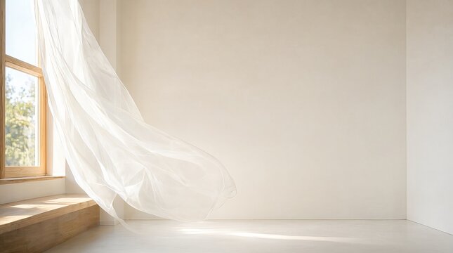 Open Window With Billowing Sheer Curtains In A Minimalist Bright Room With Copy Space Background