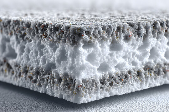 Vertical foam board surface detail, close-up of textured foam sheet with cutting marks, sponge-like material for packaging, white rough abstract background for poster design