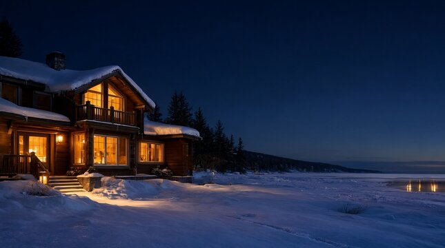 A Luxury Timber Cabin Illuminated by Warm Firelight Amidst a Snowy Frozen Landscape at Blue Hour.