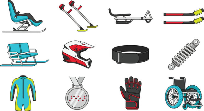 Para winter sports equipment set including adaptive ski helmet wheelchair and medal for extreme outdoor activities