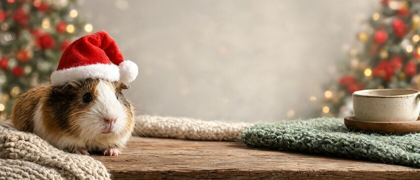 Cute Guinea Pig Wearing Santa Hat Near Warm Rustic Christmas Textile Textures on Wooden Table Top.