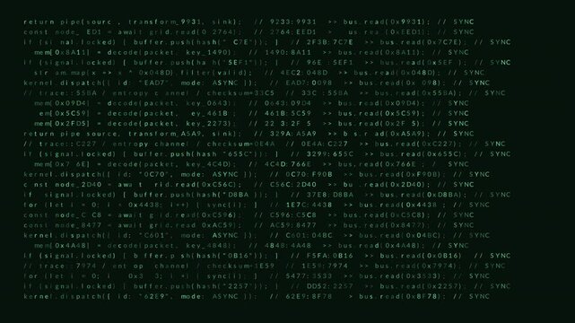 Green Computer Code Decryption and Data Streaming. Digital Hacker Terminal Screen with Scrolling Programming Code.
Cyber Security Decoding and Assembly