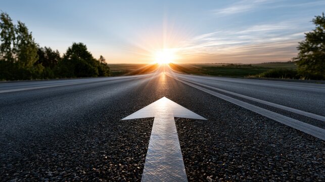 Empty asphalt road with a clear forward arrow leading toward a bright sunrise over the horizon and surrounded by green trees on a peaceful morning