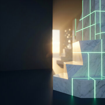 Escalera de m&aacute;rmol blanco con l&iacute;neas geom&eacute;tricas de luz verde ne&oacute;n y amanecer al fondo, recurso gr&aacute;fico abstracto de crecimiento corporativo, progreso tecnol&oacute;gico y espacio de copia