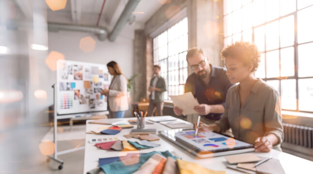 Defocused designers team sketching with a stylus on a tablet and fabric swatches near a mood board in a glowing loft with bokeh