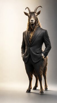 Anthropomorphic Fire Goat Executive Standing Confidently in a Perfectly Tailored Charcoal Grey Suit.
