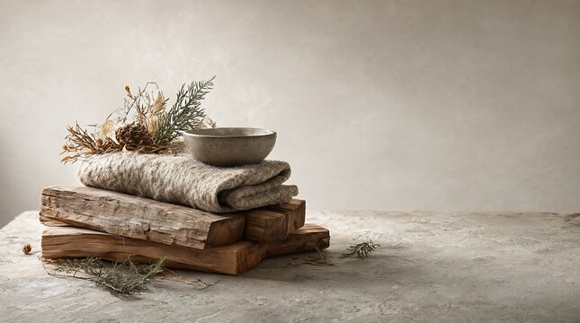 Minimalist winter concept depicting stacked wood, warm wool textile and natural botanical accents.