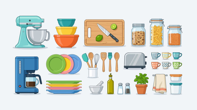 Comprehensive Kitchenware Collection featuring flat vector illustrations of appliances, utensils, and pantry items, ideal for culinary blogs, cooking apps, and kitchen organization guides.