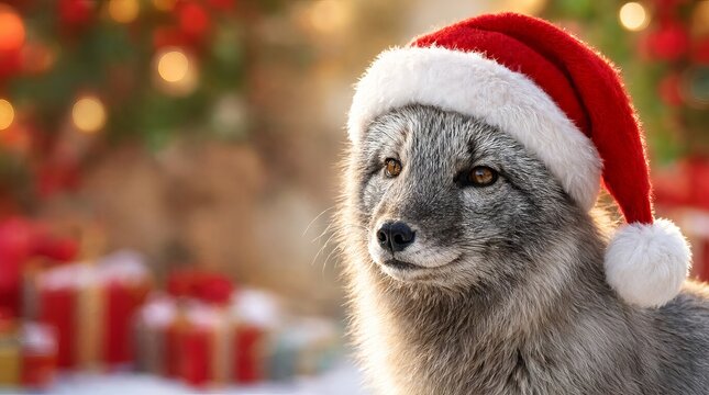 Arctic Fox Wearing A Festive Red Santa Hat With Beautiful Soft Blurred Bokeh Christmas Background