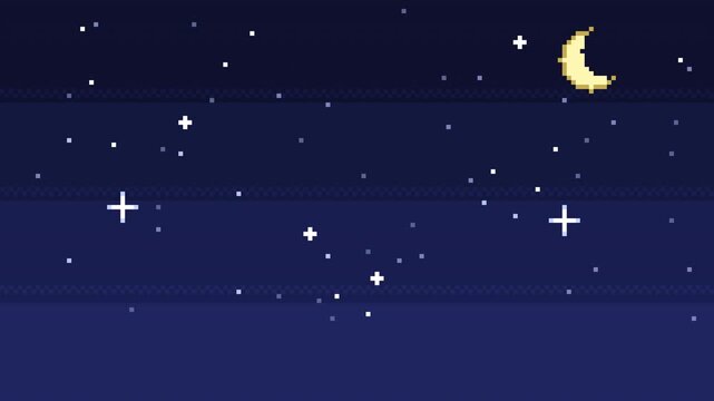 紺色の夜空のドット絵の星が三層の速さで横へ流れ金の流れ星が横切るレトロゲーム風のループ背景映像