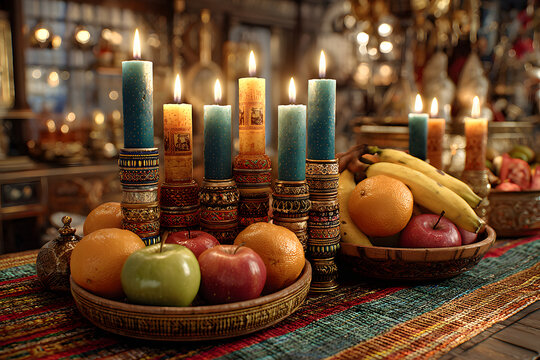 Kwanzaa celebration with kinara candles and festive fruits amidst holiday decorations