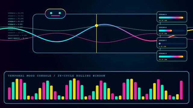 Digital sentiment analytics dashboard displays shifting data streams and fluctuating bar charts representing user emotional states through neon light interface panels and dynamic motion graphics