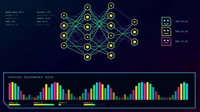 Digital sentiment analytics dashboard displays complex neural network nodes and colorful bar graphs showing changing data trends in a dark virtual interface environment simulation loop