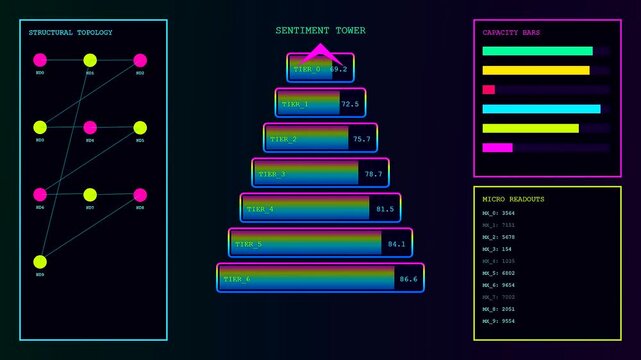 Sentiment analytics visual data dashboard displays glowing pyramid bar charts and interconnected node maps across three frames of fluctuating digital metrics in a dark computing interface