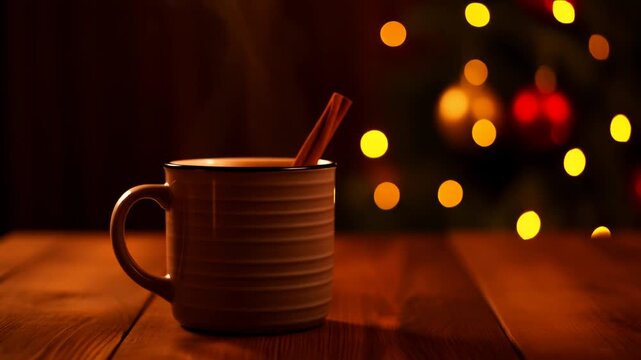 Steaming Ceramic Mug of Hot Spiced Apple Cider with Cinnamon Stick on Rustic Christmas Dining Table, Cozy Holiday Ambience with Bokeh Lights, Full HD Loop.