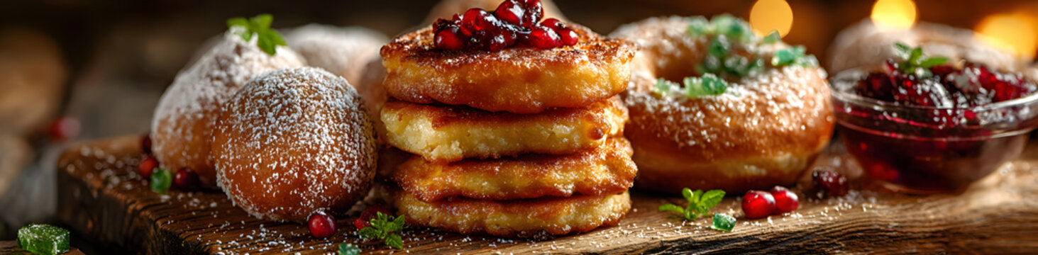 Traditional Hanukkah food, sufganiyot and latkes, sweet, yummy, kitchen