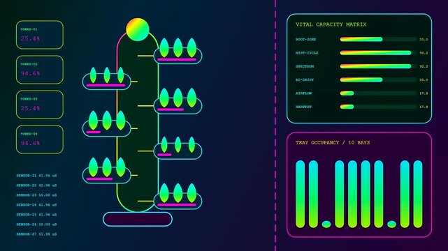 Digital displays showcasing vertical agritech monitoring system featuring neon data graphs and glowing plant icons set against a dark screen for modern agriculture control interface