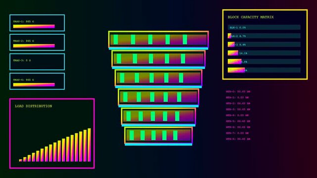 a futuristic vertical agritech user interface displays dynamic glowing bar charts and digital data matrices on a dark display for monitoring modern harvest system performance