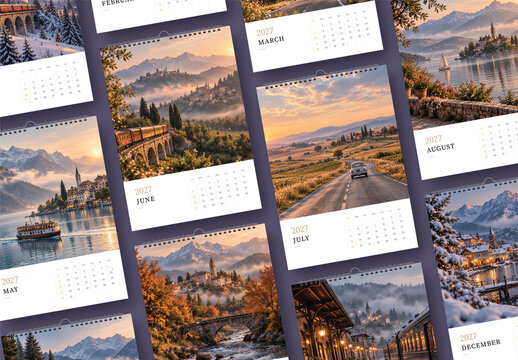 Scenic European Countryside 2027 Wall Calendar A4 Template with Alpine Villages Lakes and Mountain Railway Landscapes
