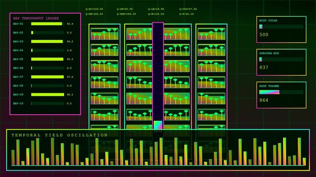 A sophisticated vertical agritech monitoring interface displays complex green data charts showing plant growth cycles and fluctuating crop yield statistics on a dark digital display grid