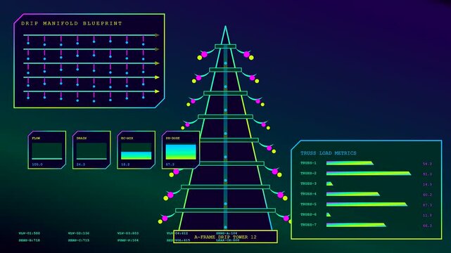A digital representation of vertical agritech systems showcasing holographic manifolds and glowing metrics data panels across a wide panoramic field for modern agricultural monitoring display systems