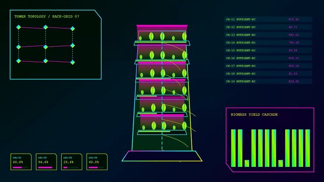Digital displays showing vertical agritech automation with glowing charts and agricultural monitoring data moving across three side by side screens in a dark room environment