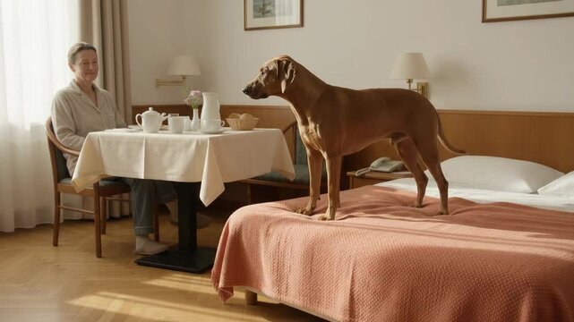 Brown Dog Stretches on Bed Beside Woman Having Breakfast in Room
