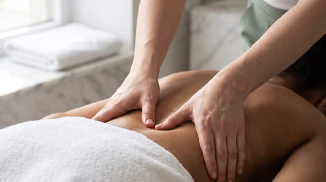 Tension-relieving therapist kneading the shoulder muscles of a client resting under a plush towel