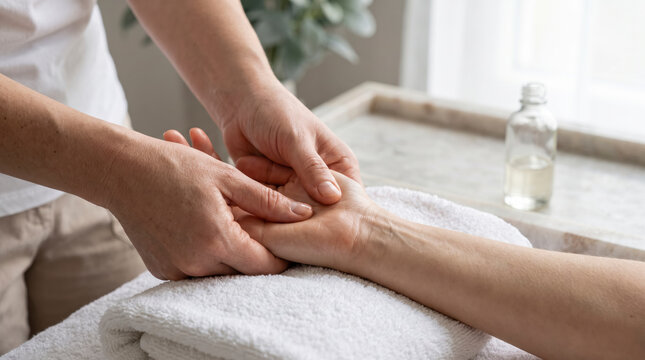 Skilled therapist pressing thumbs into a client's palm during a restorative hand massage on a towel