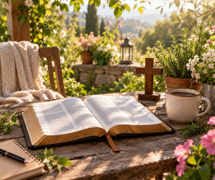 Outdoor Bible Study in Peaceful Garden with Wooden Cross and Coffee