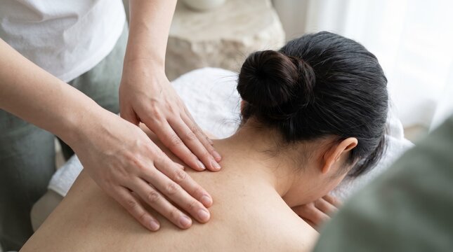 Mindful masseuse easing shoulder tension of a woman with a hair bun leaning forward in a spa